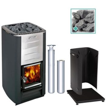 Harvia M3 Wood-Burning Stove Kit SS M3 Stove, Protective Bedding, Sheath, Chimney Kit, Stones