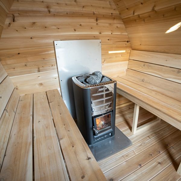 Dundalk Leisurecraft MiniPOD Outdoor Sauna CTC77MW inside with harvia wood heater