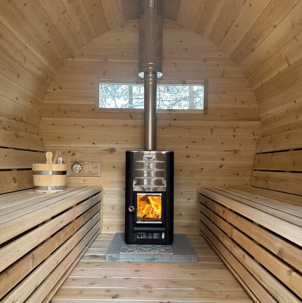 True North 2-4 Person 6’ Long Barrel Outdoor Sauna inside with wood burning heater