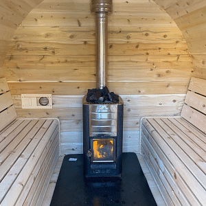 True North Schooner 8 Person Outdoor Barrel Sauna inside with wood burning heater