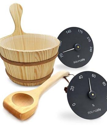 SaunaLife Accessory Package 3 Wooden 1-Gallon Sauna Bucket, Wood Ladle, Thermometer, Hygrometer,