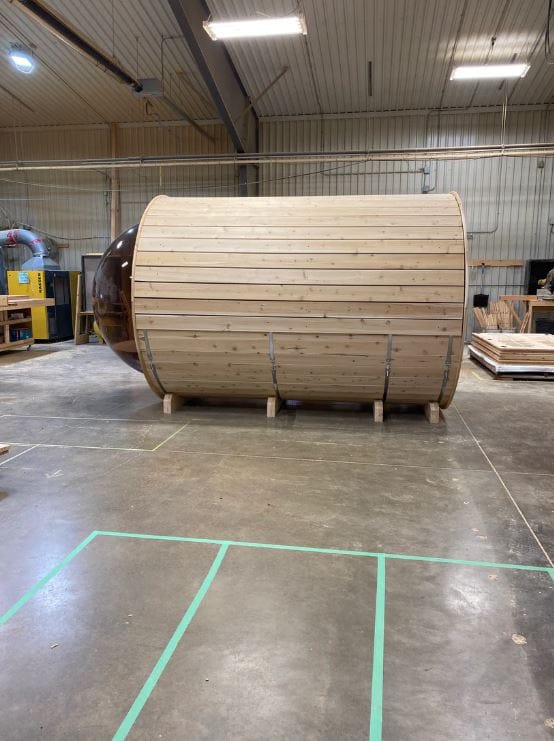 True North Panorama Barrel Outdoor Sauna in Warehouse